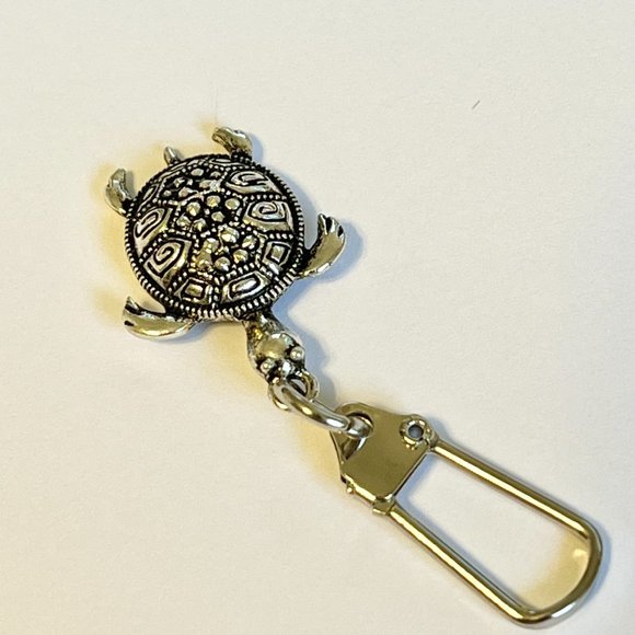 Marcasite Crystal Turtle Keychain Zipper Pull Purse Charm Backpack Silver Plated - Picture 6 of 12